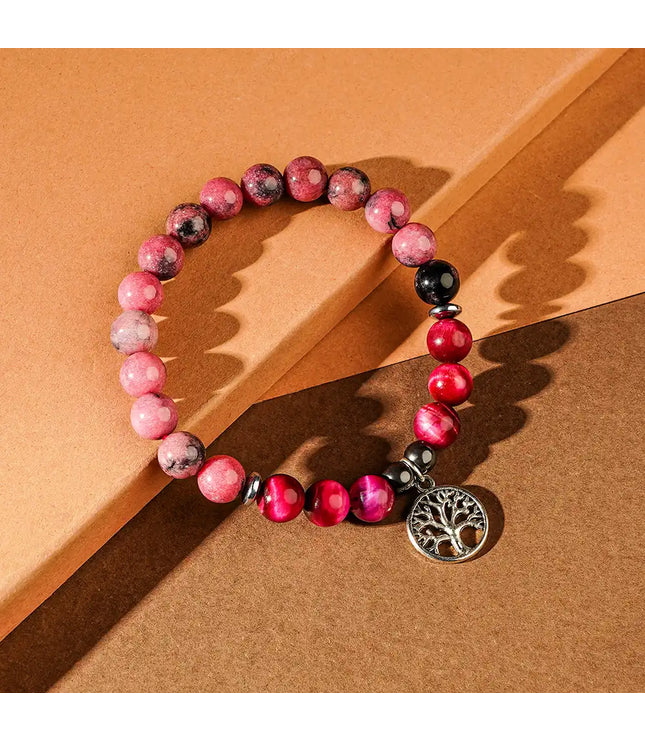 Rhodonite & Pink Tiger Eye Bracelet with Tree of Life Charm