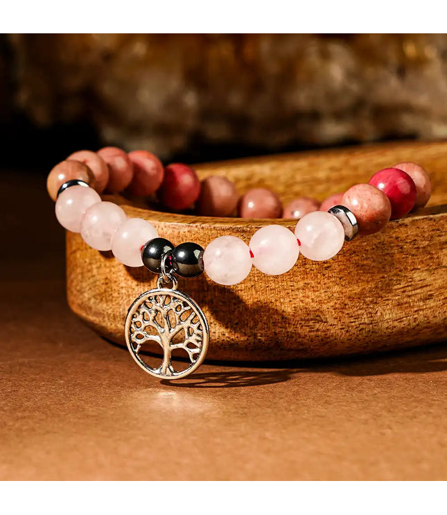 Rose Quartz & Rhodochrosite Bracelet with Tree of Life Charm