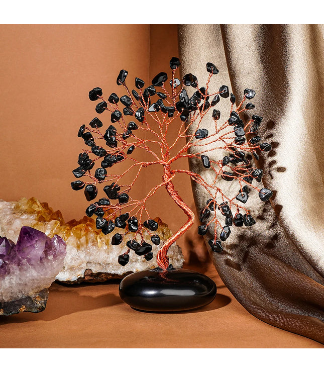 Black Obsidian Palm Stone Base Tree