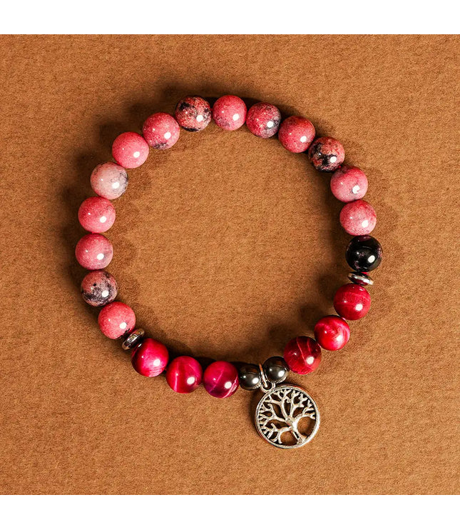 Rhodonite & Pink Tiger Eye Bracelet with Tree of Life Charm