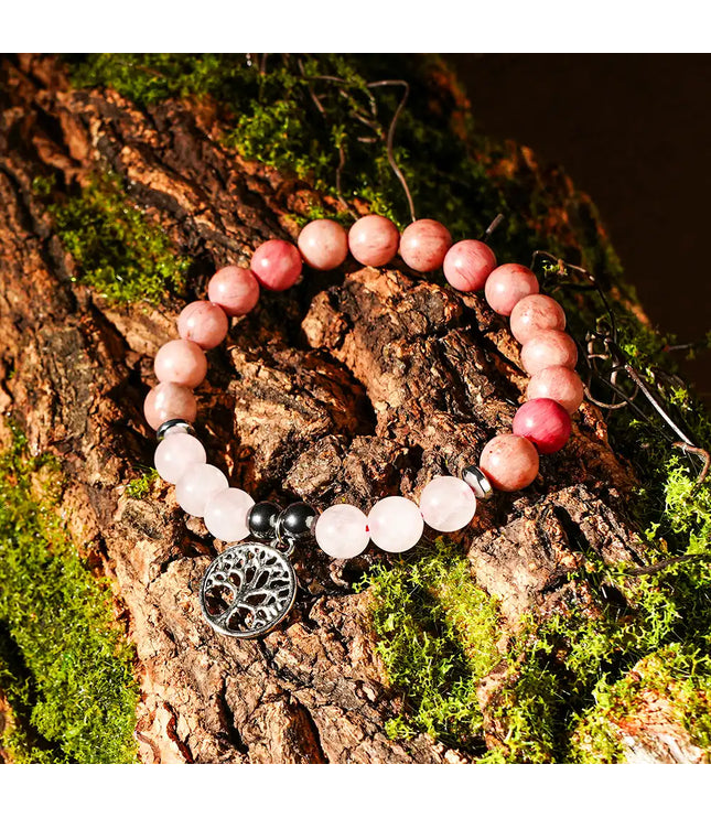 Rose Quartz & Rhodochrosite Bracelet with Tree of Life Charm
