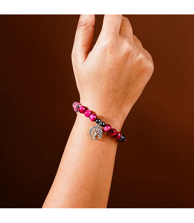 Rhodonite & Pink Tiger Eye Bracelet with Tree of Life Charm
